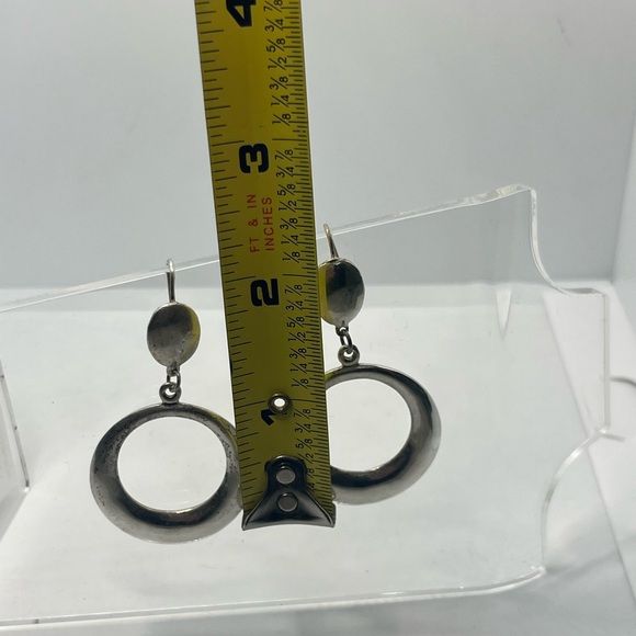 Modernist sterling silver disc hoop dangle earrings vintage - Picture 6 of 16